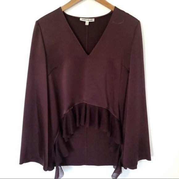 Elizabeth & James Satin Burgundy Hi Lo Ruffle Blouse cropped chic evening - Picture 2 of 9